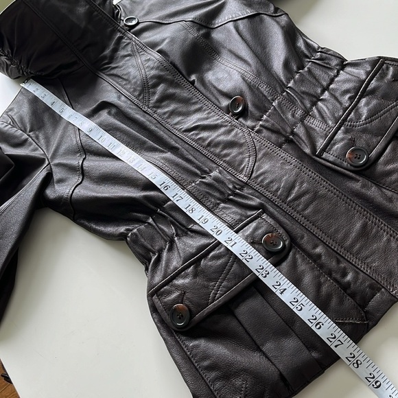 NWOT Danier Brown Leather Jacket Moto 80s Y2K High Collar Cinched Waist - Picture 13 of 17